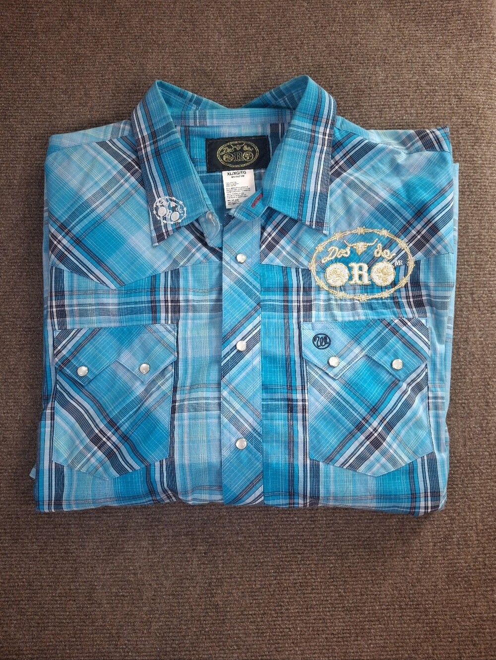 Dos de Oro Blue Plaid Pearl Snap Long Sleeve Rodeo Western Shirt Size XL